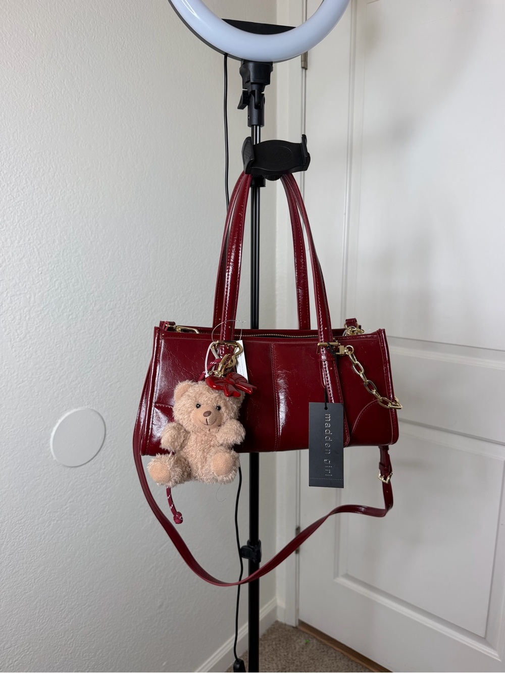 Madden Girl Wine Patent Shoulder Bag with Teddy Charm